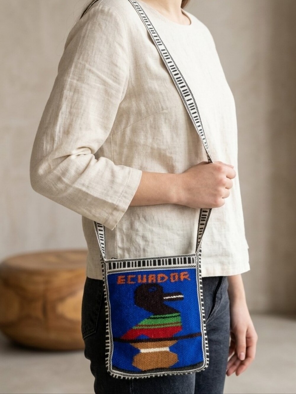 Handwoven Blue Crossbody Bag with Bird Motif - Ecuador
